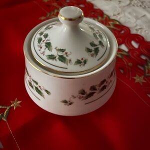 Festive Holly Patterned Sugar Bowl with Lid